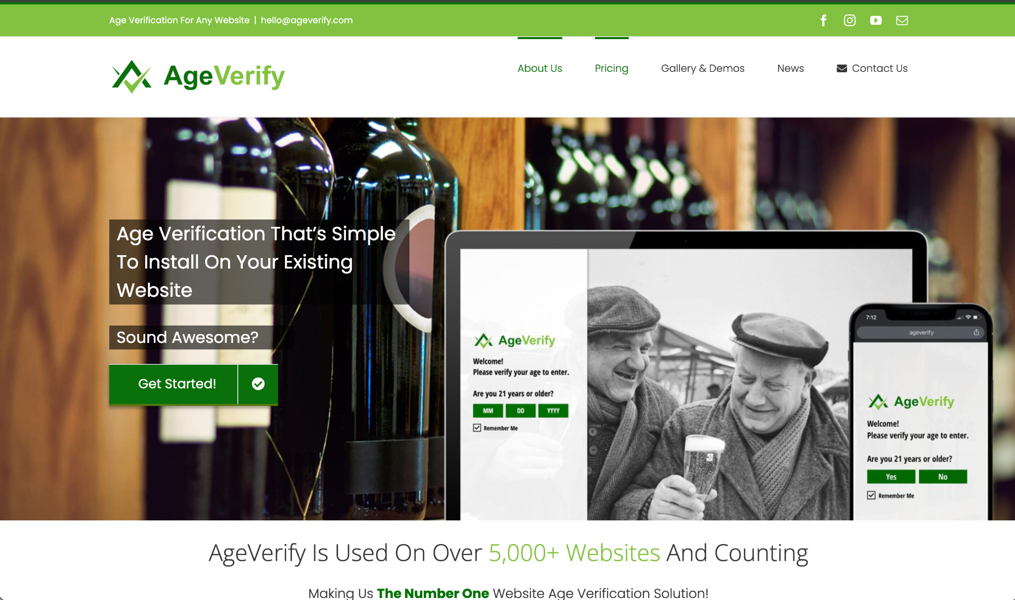 Screenshot of the actual AgeVerify website homepage, showing its green header, logo, and age verification demos